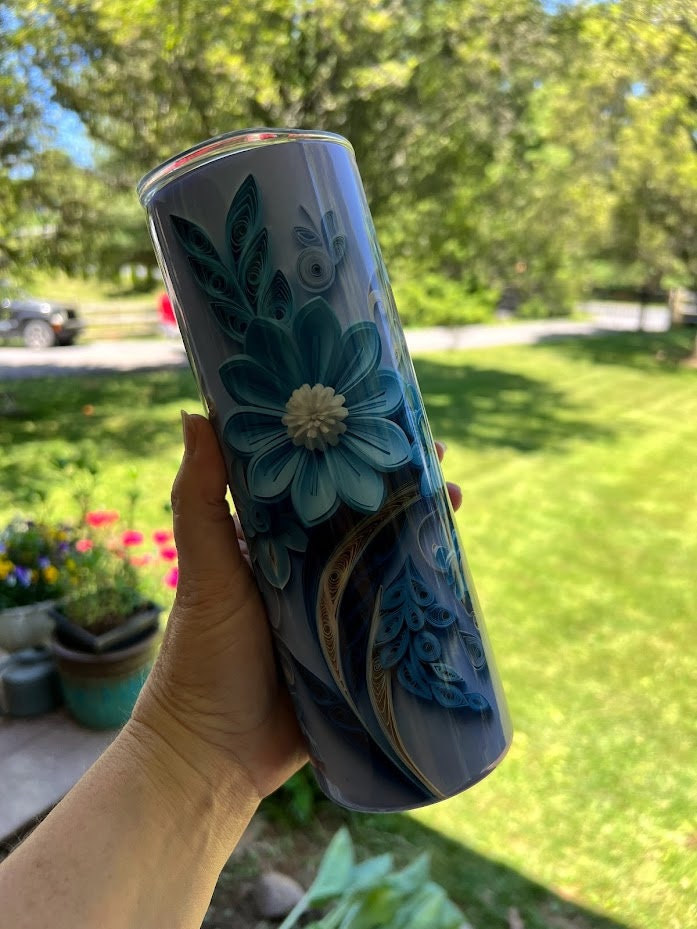 Tumbler 3D Skinny Blue Floral with Straw, Lid, and Cleaning Brush