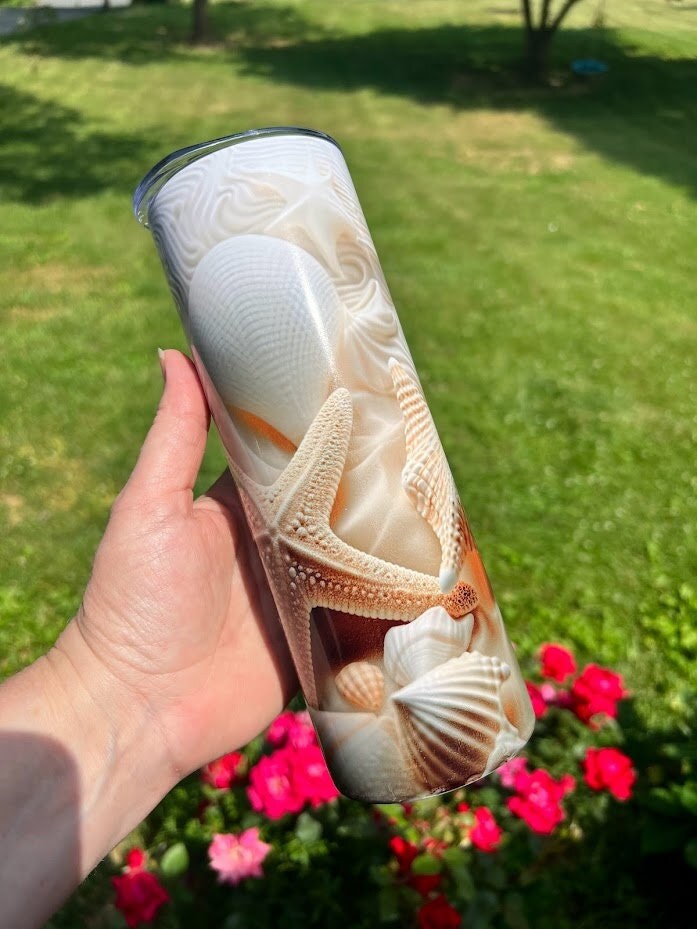 Tumbler 3D Skinny Sea Shells with Straw, Lid, and Cleaning Brush