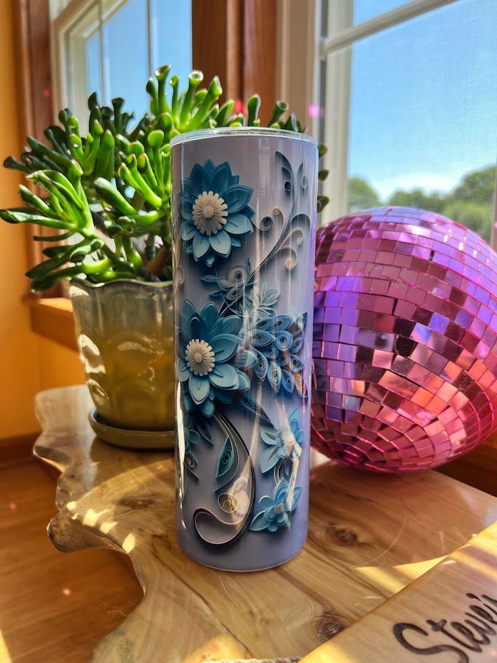 Tumbler 3D Skinny Blue Floral with Straw, Lid, and Cleaning Brush